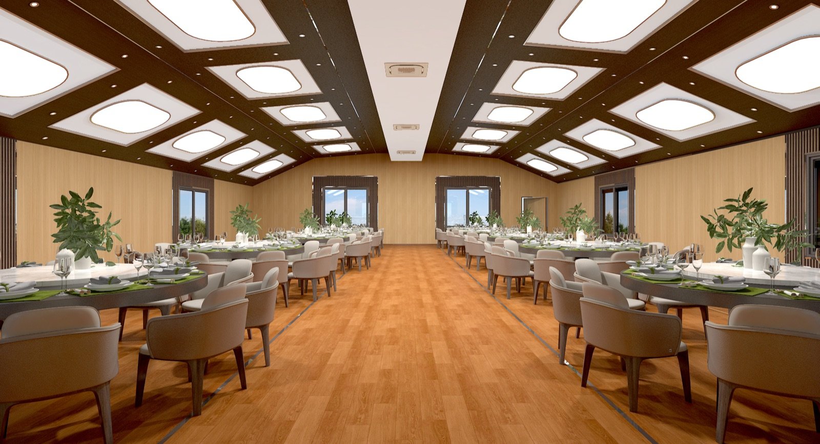 Mobile banquet hall interior layout concept with dining tables